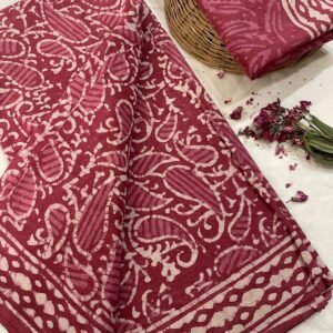 Maroon flower pattern hand print mulmul cotton saree with blouse