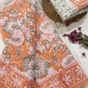 Orange flower pattern hand print mulmul cotton saree with blouse