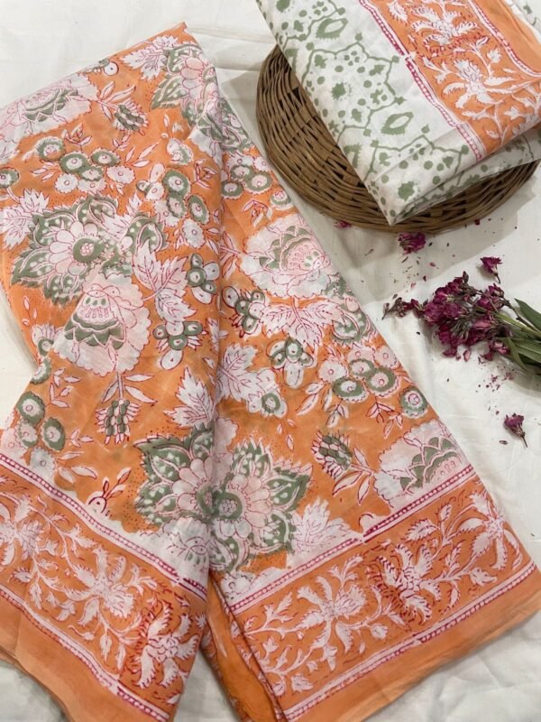 Orange flower pattern hand print mulmul cotton saree with blouse
