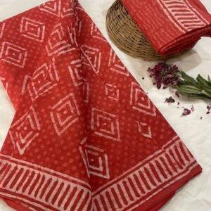 Red flower pattern hand print mulmul cotton saree with blouse