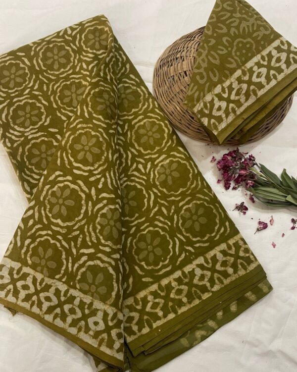 Green flower pattern hand print mulmul cotton saree with blouse