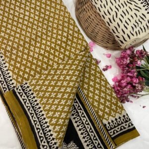 Mehandi green flower pattern hand print mulmul cotton saree with blouse