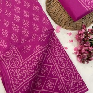 Pink flower pattern hand print mulmul cotton saree with blouse