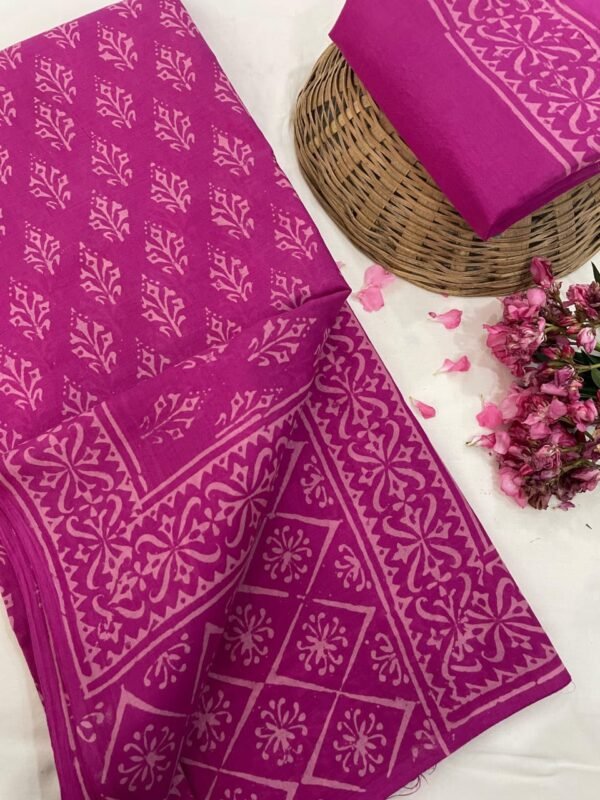 Pink flower pattern hand print mulmul cotton saree with blouse