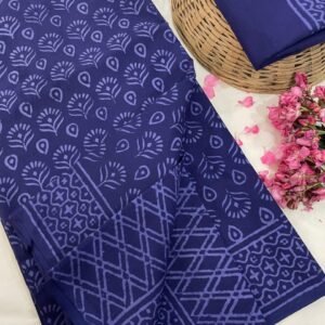 Blue flower pattern hand print mulmul cotton saree with blouse