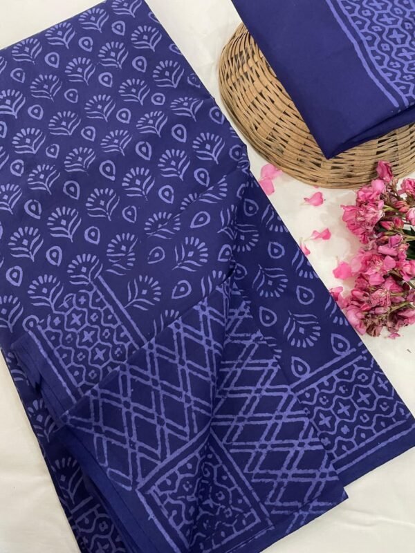Blue flower pattern hand print mulmul cotton saree with blouse