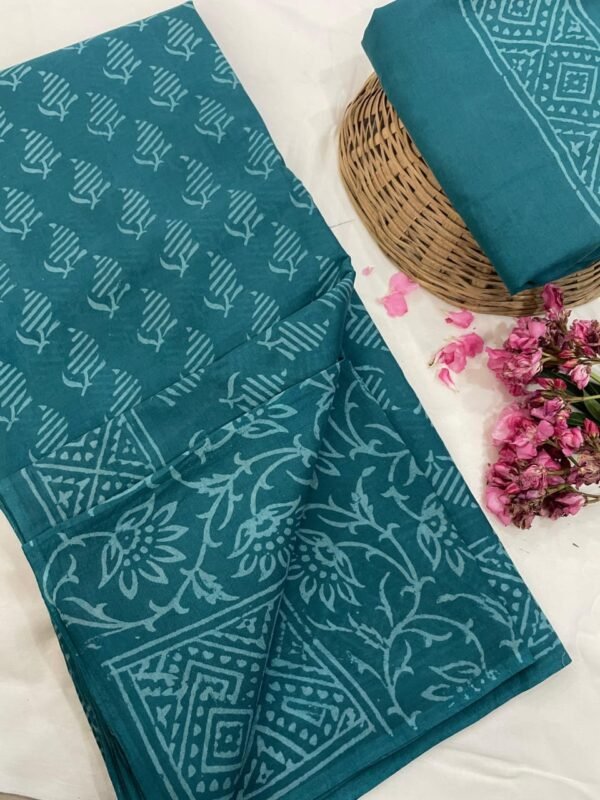 Sky flower pattern hand print mulmul cotton saree with blouse