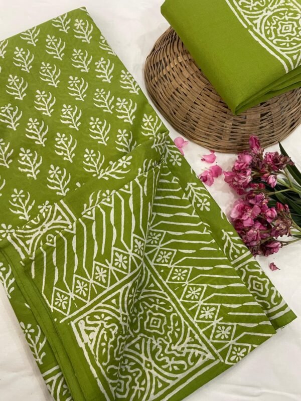 Green flower pattern hand print mulmul cotton saree with blouse