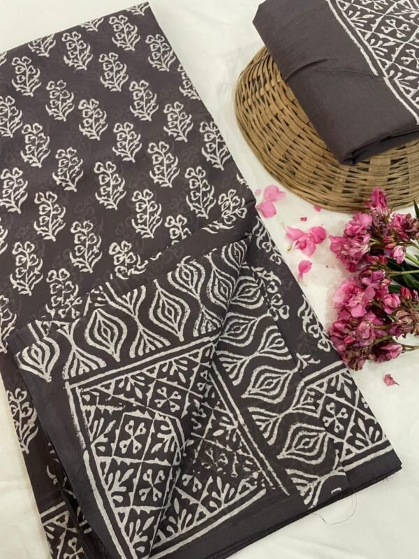 Gray flower pattern hand print mulmul cotton saree with blouse