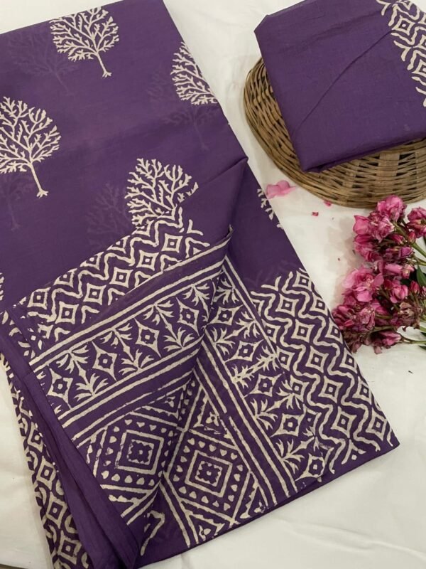 Purple flower pattern hand print mulmul cotton saree with blouse