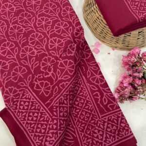 Magenta flower pattern hand print mulmul cotton saree with blouse