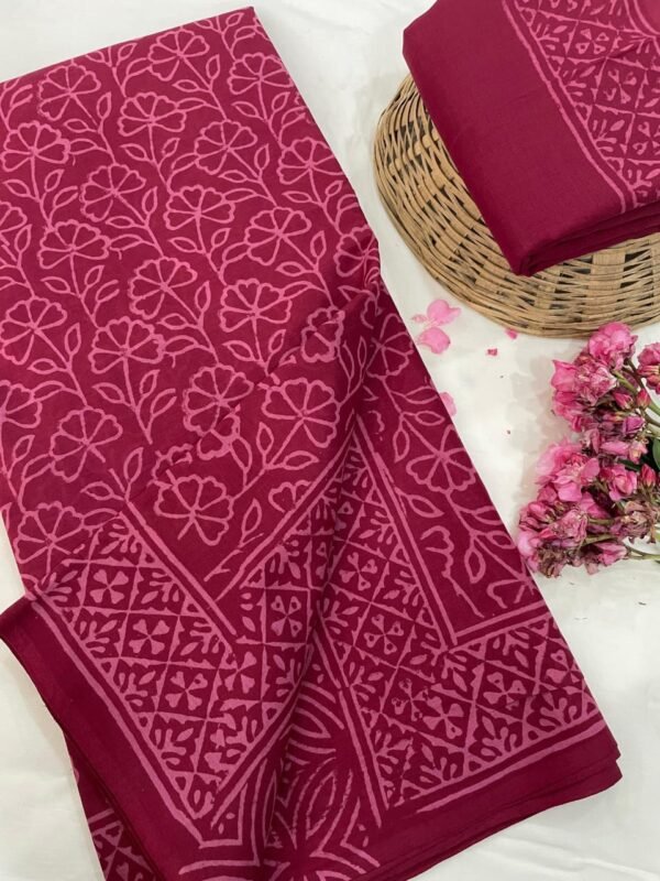 Magenta flower pattern hand print mulmul cotton saree with blouse