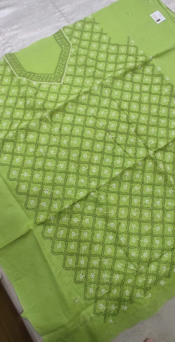 Parrot green lucknow chikankari cotton dress material with dupatta - Image 2