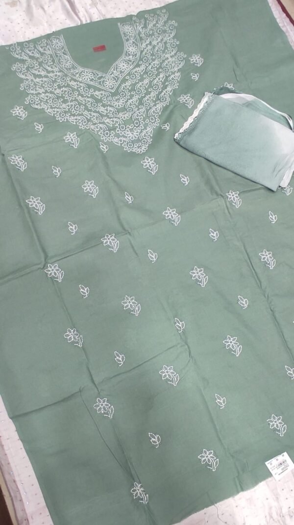 Green lucknow chikankari cotton dress material with dupatta - Image 2