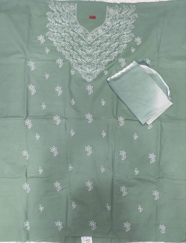 Green lucknow chikankari cotton dress material with dupatta