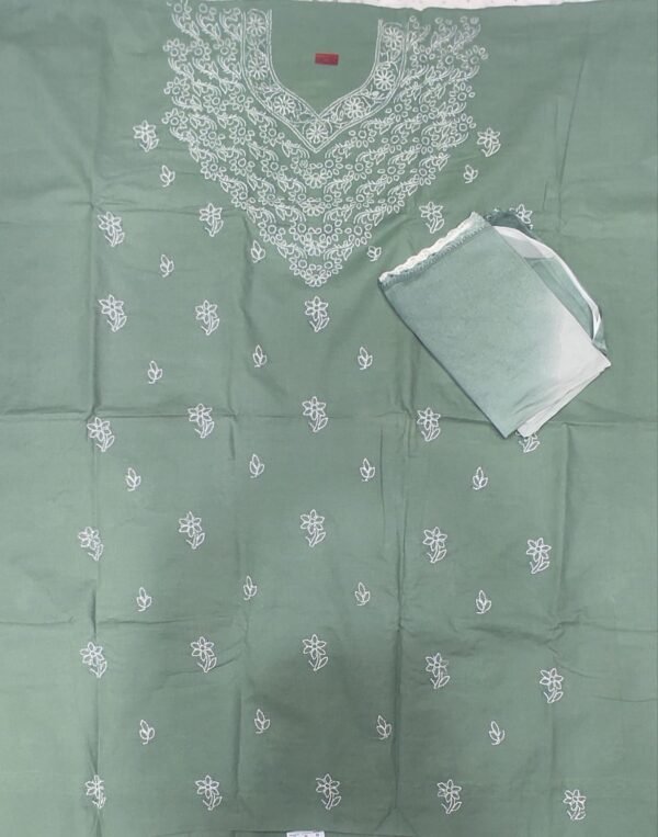 Green lucknow chikankari cotton dress material with dupatta
