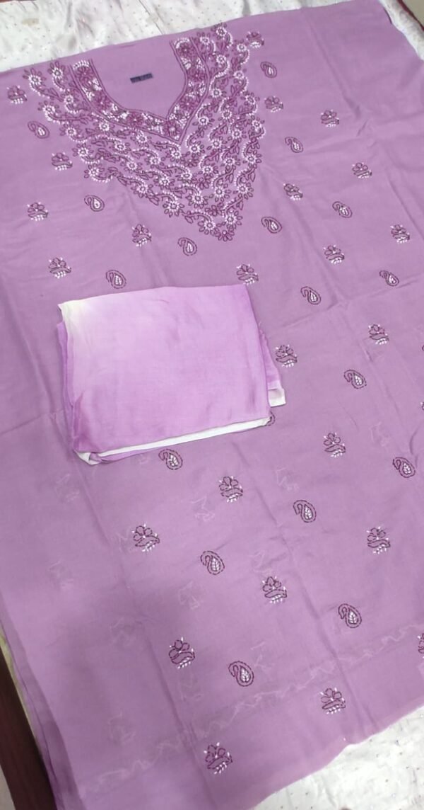 Pink lucknow chikankari cotton dress material with dupatta - Image 2