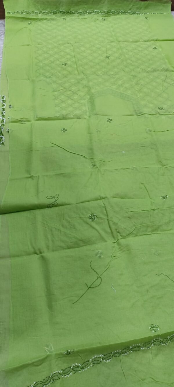 Parrot green lucknow chikankari cotton dress material with dupatta - Image 4