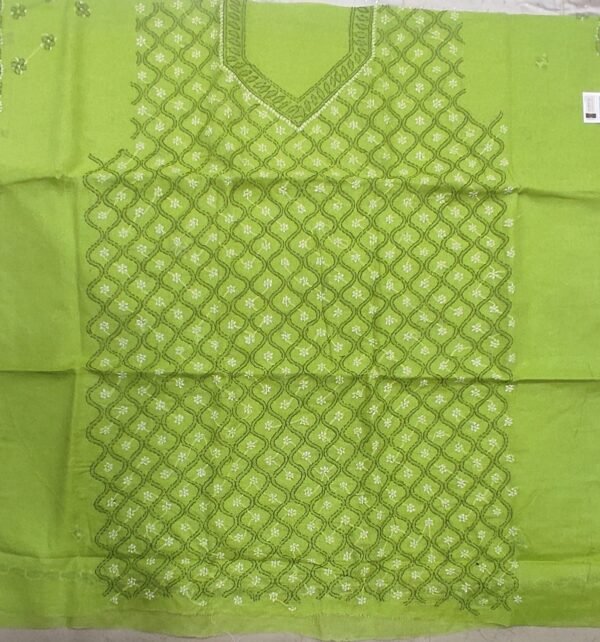 Parrot green lucknow chikankari cotton dress material with dupatta