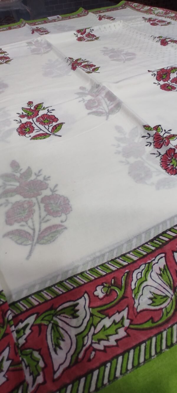 White flower pattern hand print mulmul cotton saree with blouse - Image 6