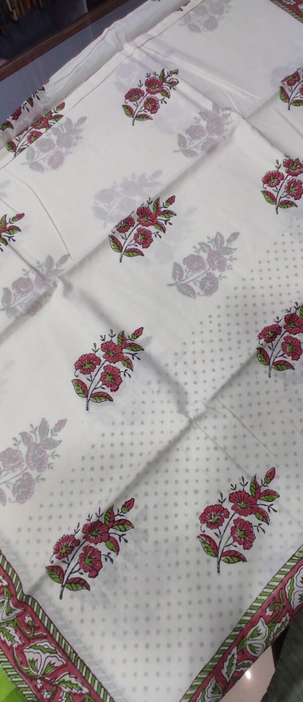White flower pattern hand print mulmul cotton saree with blouse - Image 5