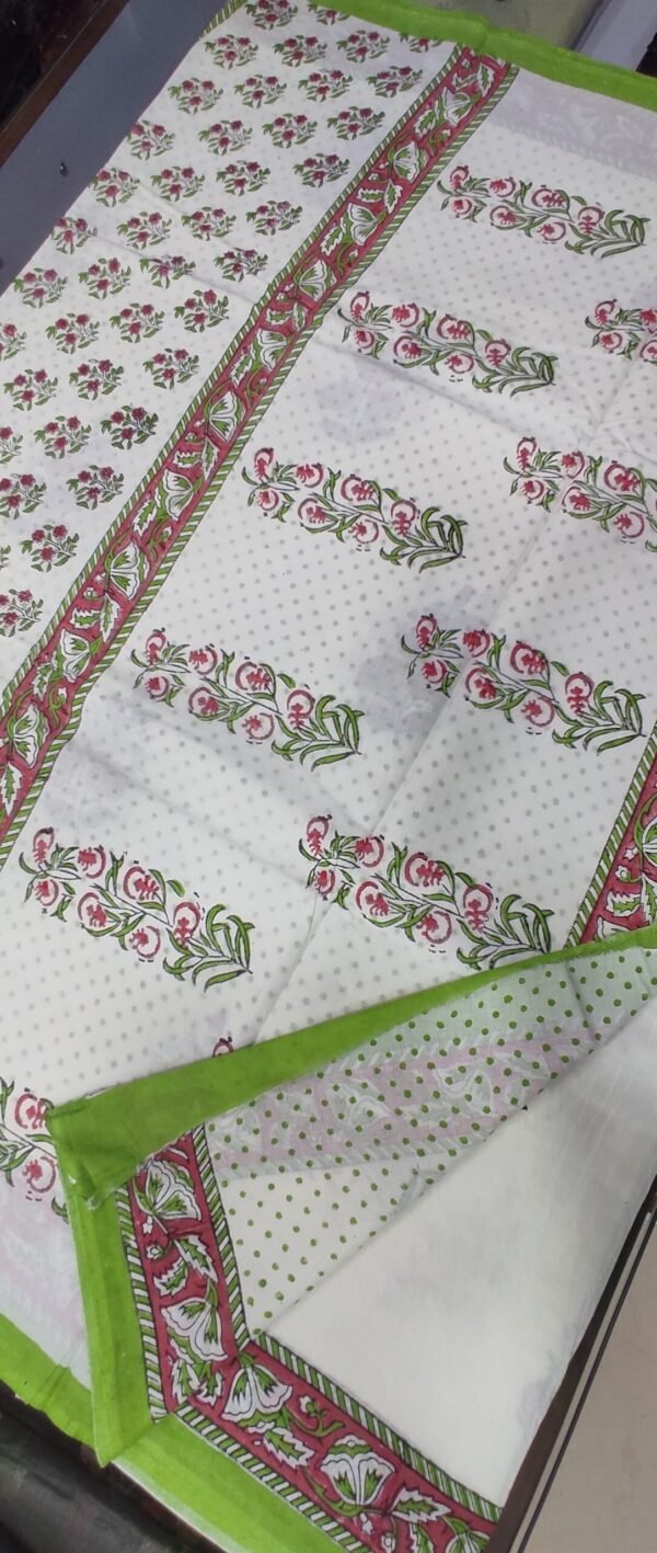 White flower pattern hand print mulmul cotton saree with blouse - Image 11