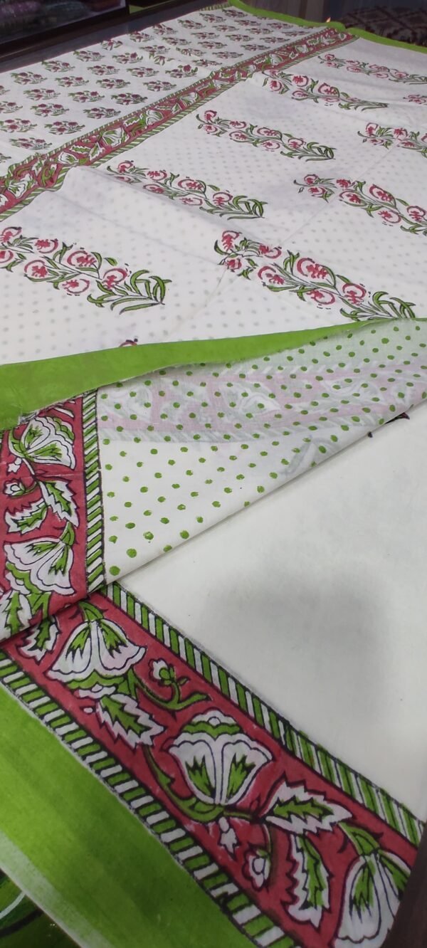 White flower pattern hand print mulmul cotton saree with blouse - Image 7