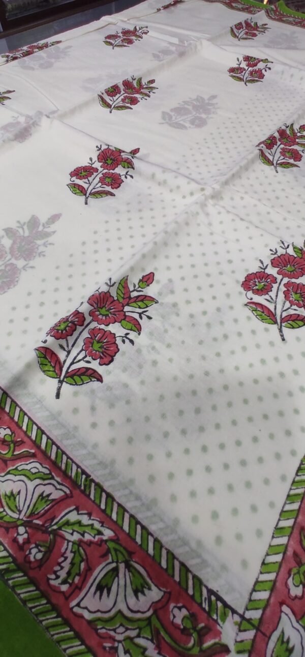 White flower pattern hand print mulmul cotton saree with blouse - Image 8