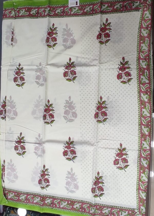 White flower pattern hand print mulmul cotton saree with blouse - Image 4
