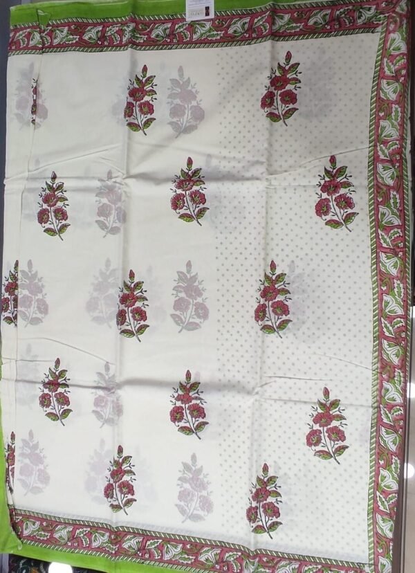 White flower pattern hand print mulmul cotton saree with blouse - Image 2