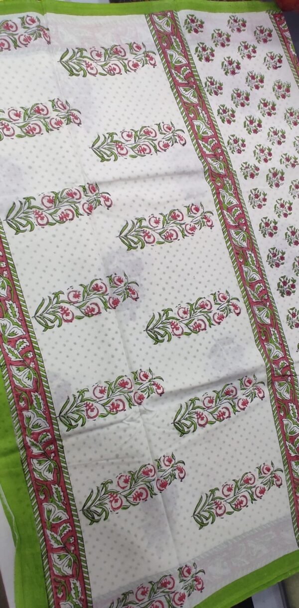 White flower pattern hand print mulmul cotton saree with blouse - Image 10