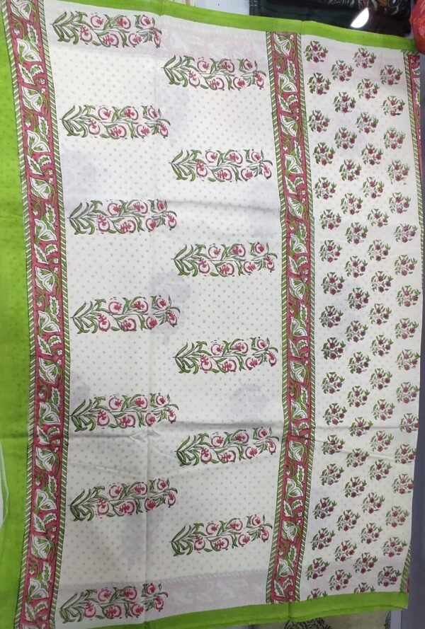 White flower pattern hand print mulmul cotton saree with blouse - Image 9
