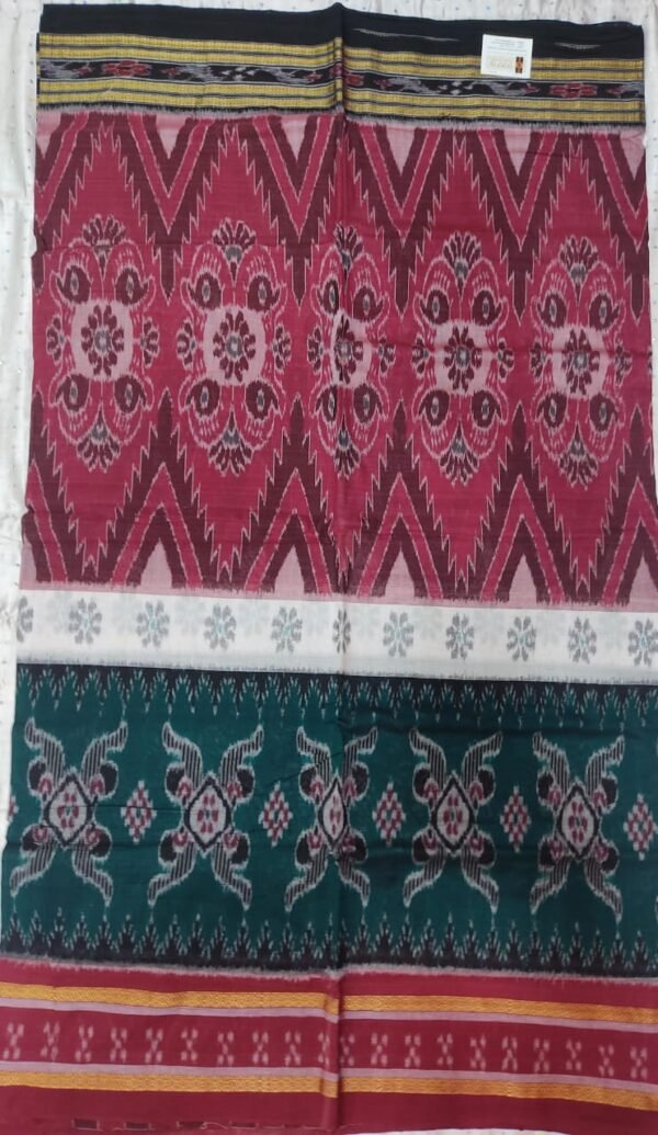 Maroon and green sambalpuri cotton saree with flower pattern - Image 3