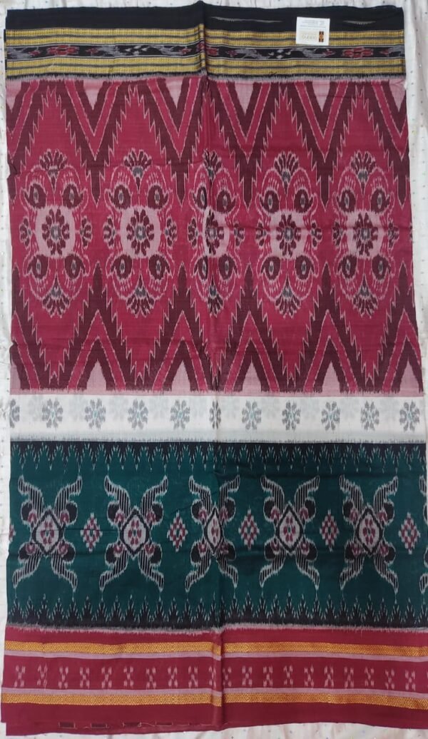 Maroon and green sambalpuri cotton saree with flower pattern