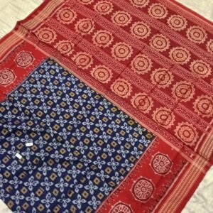 Blue and red flower pattern sambalpuri cotton saree