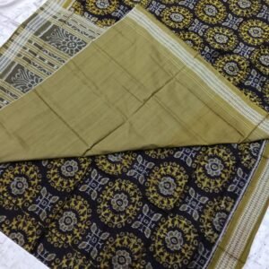 Coffee and green round tribal pattern sambalpuri cotton saree with blouse