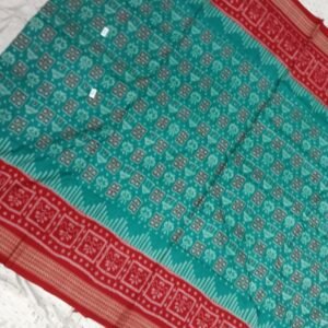 Rama green and red flower pattern sambalpuri cotton saree with blouse