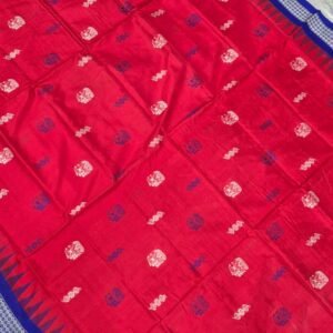 Red and blue sambalpuri silk saree with bomkei art