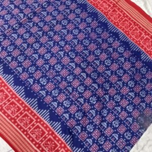Blue and red house pattern sambalpuri cotton saree with blouse
