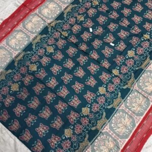 Jungle green and red butterfly pattern sambalpuri cotton saree with blouse