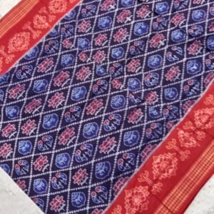 Blue and red lotus with sankha pattern sambalpuri cotton saree