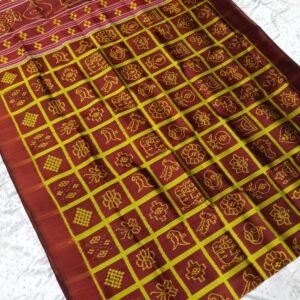 Nabokothi maroon and yellow khandua silk saree with blouse