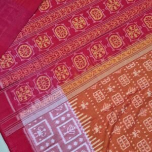 Yellow and red tribal art sambalpuri cotton saree with blouse