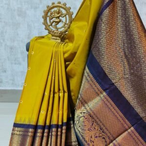 Yellow and coffee checked gadwal silk saree with blouse