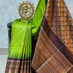 Green and coffee checked gadwal silk saree with blouse