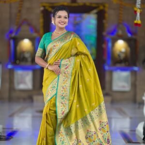 Green paithani silk saree with golden anchal