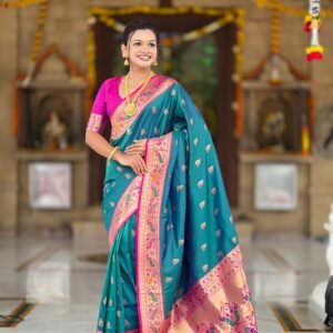 Blue shine paithani silk saree with golden anchal