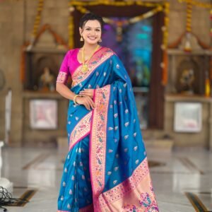 Sky blue paithani silk saree with golden anchal