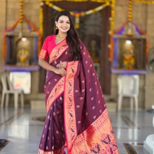 Maroon paithani silk saree with golden anchal