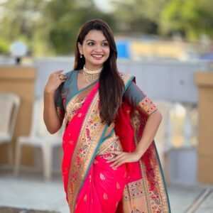 Pink paithani silk saree with golden anchal